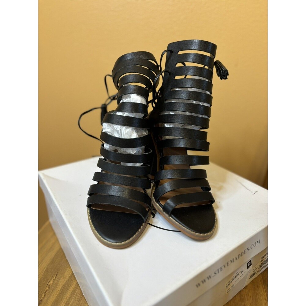 Steve Madden Pipa Women's Black Leather Gladiator Lace-Up Sandals Size 7 NWT